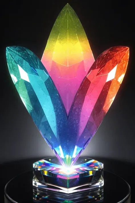 a close up of a colorful crystal sculpture on a black surface