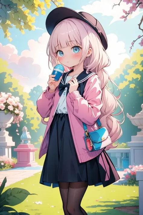 a girl in a pink jacket and black skirt holding a blue cup