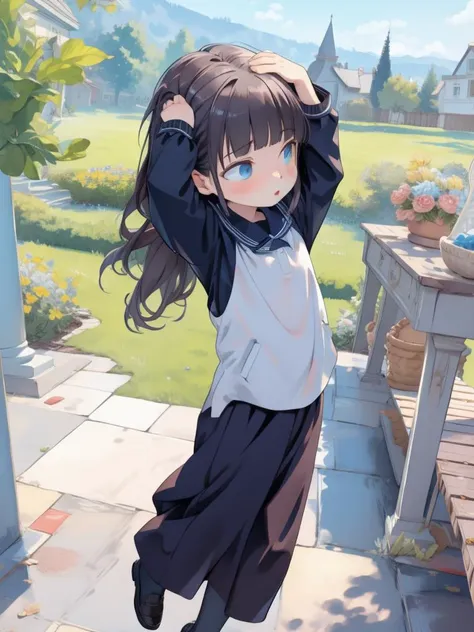 anime girl with long hair standing on a patio in front of a house