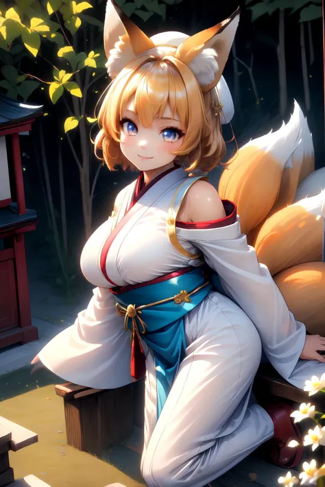 anime girl with fox ears sitting on a bench with a stuffed animal