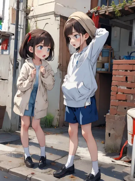 anime characters standing on a street corner with a building in the background