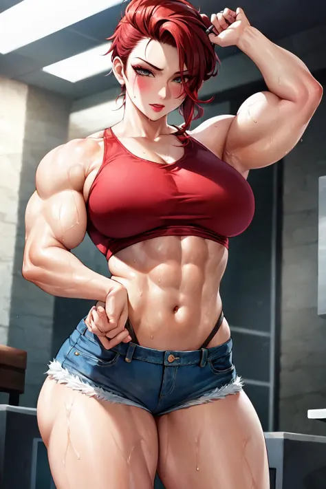 (masterpiece:1.2), (best quality:1.2), perfect eyes, perfect face, volumetric lighting, 1girl, mature female standing, MILF, red hair, pompadour cut, crop top, sleeveless, jeans shorts, hypermuscle, sweat, makeup, lipstick, eyeshadow, mascara, thick eyelas...