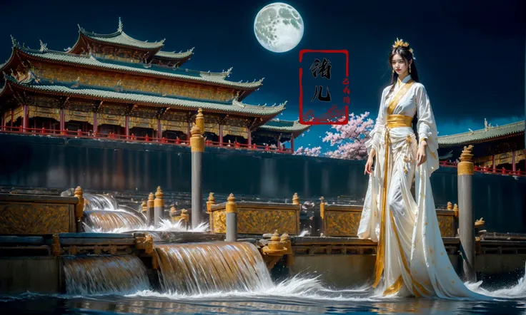 Dark and majestic Chinese palace background at night, waves and swirls of emerald color, a beautiful girl standing in the palace, the center of the sea, traditional Chinese costume jewelry, acrylic oil painting, light white and light silver, gold, elaborat...