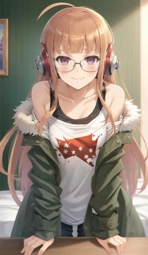 futaba_TI, sakura futaba, 1girl, solo, long hair, green jacket, glasses, smile, headphones, orange hair, ahoge, looking at viewer, off shoulder, blush, shirt, bare shoulders, jacket, bangs, black-framed eyewear, fur trim, collarbone, fur-trimmed jacket, be...