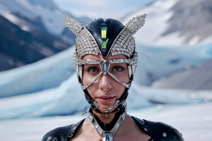 extreme closeup photograph of ((futuristic jewel-encrusted bridle)), sexy faceless robot on glacier, hard focus, depth of field, <lyco:bondage-v11-p20:0.6>