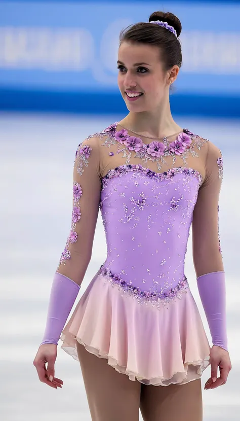 a woman in a purple dress is standing on a ice rink