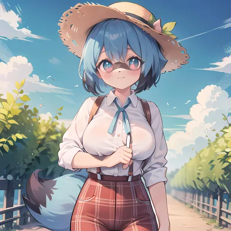 <lora:MichiruKagemoriBrandNewAnimal3:1>, Michiru Kagemori (Brand New Animal), tail, red plaid shirt, blue pants with suspenders, straw hat, farm, smile, big breasts,