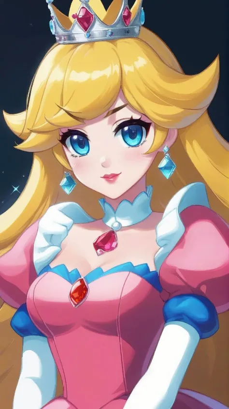 (masterpiece, best quality),1girl,princess peach,blonde hair,blue eyes,long hair,crown,dress,gem,gloves,pink dress,puffy short sleeves,puffy sleeves,short sleeves,white gloves,evil smile,glossy lips,glossy skin,blushing,<lora:RW_pixelart_XL_v1:1>, pixelart...