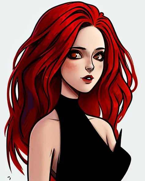 <lyco:kaspi:0.85>,kaspi,1girl,red hair,black dress,