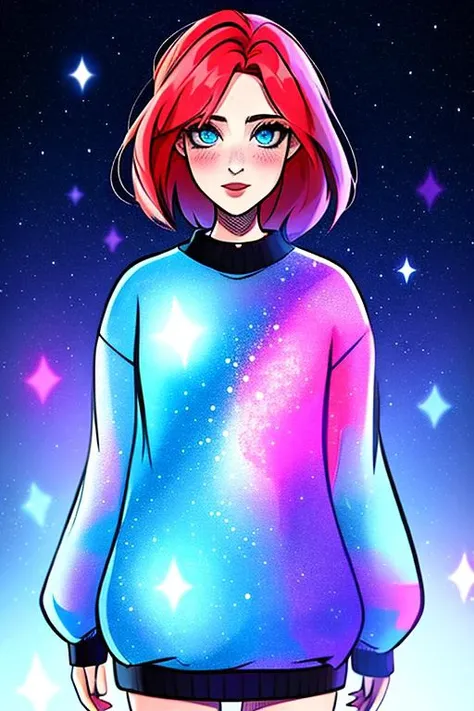 <lyco:kaspi:0.79>,a girl,red hair,a sizeless sweater,an aura with a starry sky texture,kaspi,