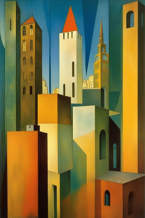 painting of a city with a tower and a clock tower