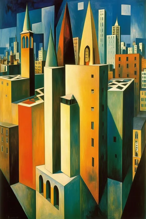 painting of a city with a clock tower and a sky background