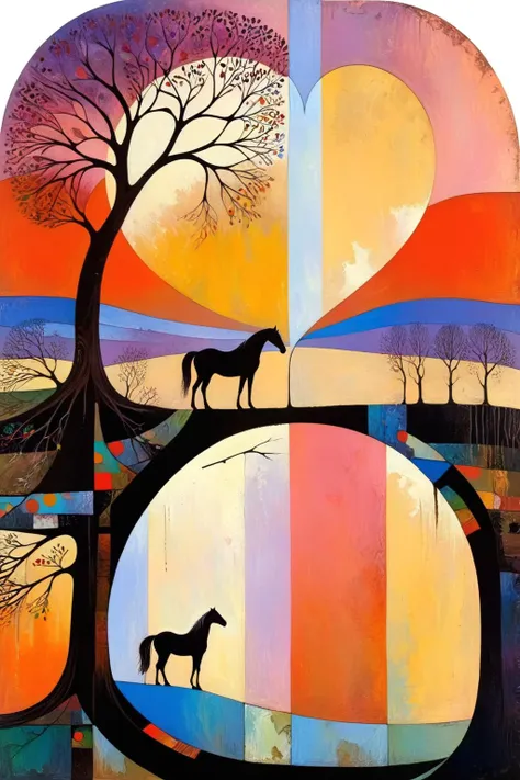 painting of a horse and a tree in a colorful landscape