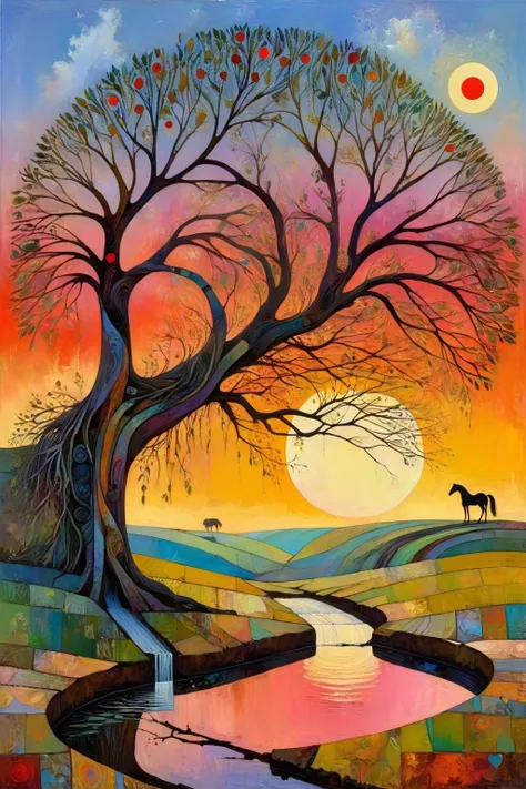 a painting of a tree with a horse standing in the water