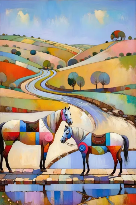 painting of two horses standing next to each other on a road