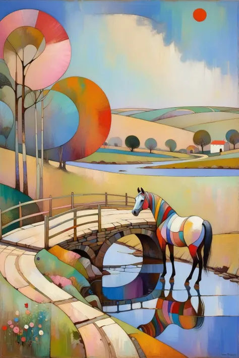 painting of a horse standing in a pond with a bridge