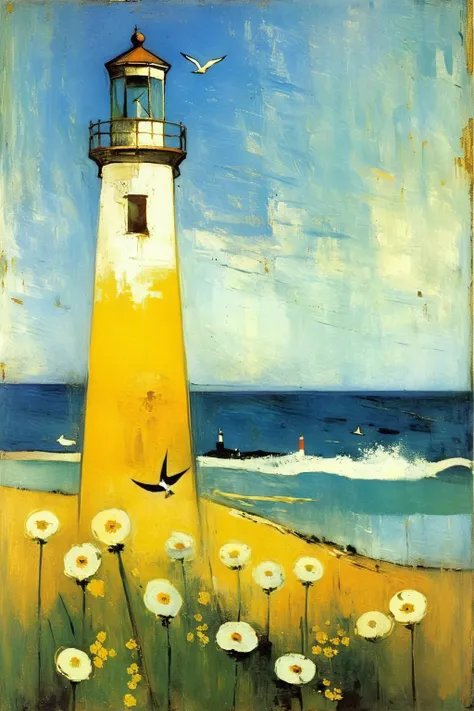 a painting of a lighthouse with a bird flying over it