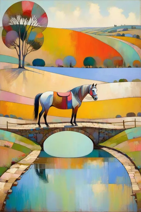 painting of a horse standing on a bridge over a river