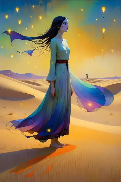 a woman in a long dress standing in the desert with a sky full of lanterns