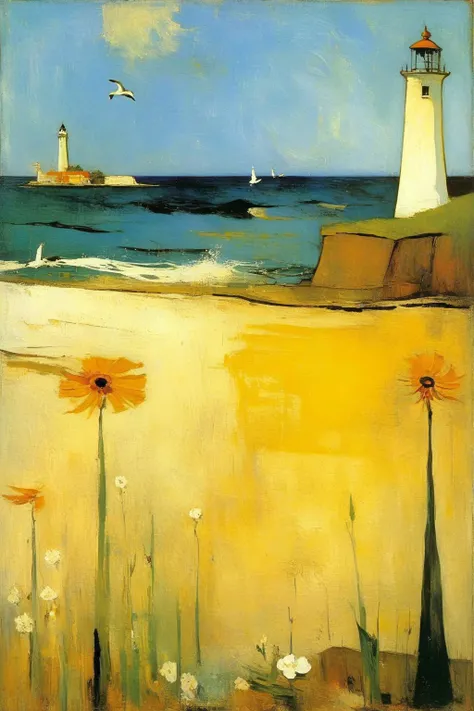 a painting of a lighthouse and flowers on a beach