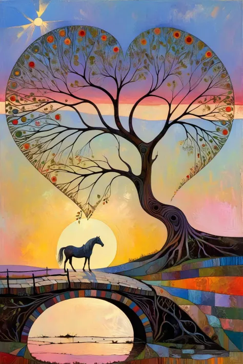 painting of a horse standing on a bridge with a tree in the shape of a heart