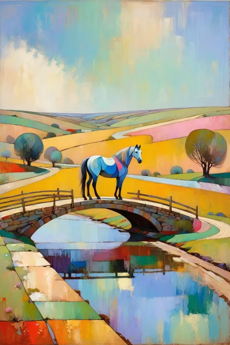 painting of a horse standing on a bridge over a pond