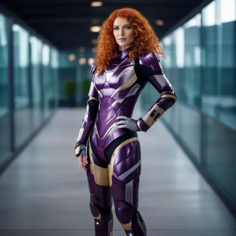 a woman in a purple suit standing in a hallway