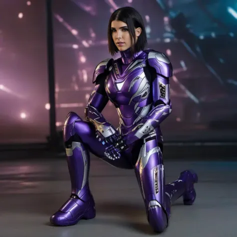 a woman in a purple suit sitting on a floor