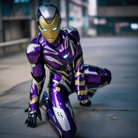 a close up of a person in a purple and silver suit