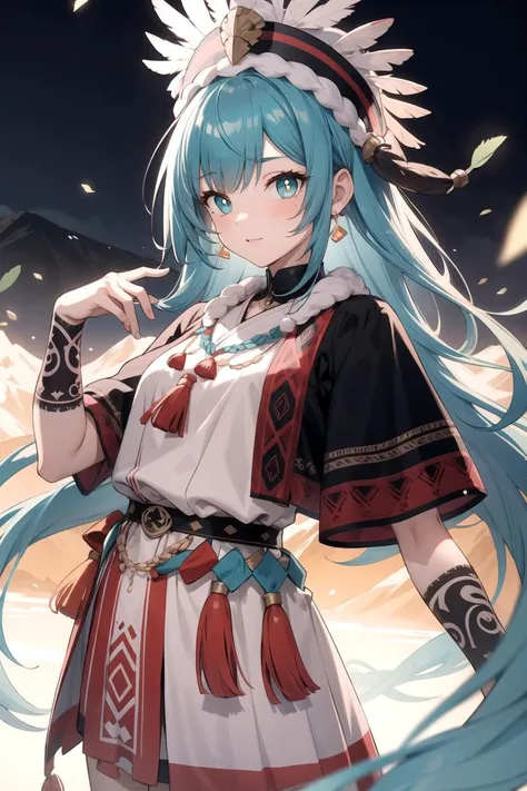 1girl, (solo), (mountain background), (tribal girl:1.2), primitive, long hair, (cyan hair:1.1), chieftain, archaic, (feather clothes), (wool clothes), headwear, accessories, (tribal tatoos:1.3), (duntch angle:1.1), (masterpiece), (hyper detailed), (intrica...