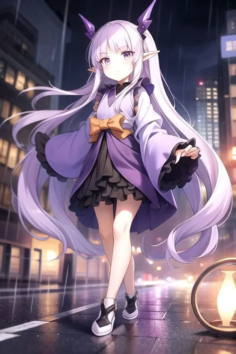 City, night, walking, wind, rain, wide sleeves, purple dress, purple orange eyes, pointy ears, black skirt