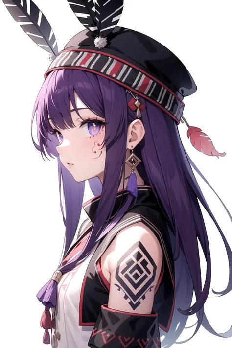 1girl, (solo), (mountain background), (tribal girl:1.2), primitive, long hair, (purple hair:1.1), chieftain, archaic, (feather clothes), (wool clothes), headwear, accessories, (tribal tatoos:1.3), (from side:1.1), (masterpiece), (hyper detailed), (intricat...