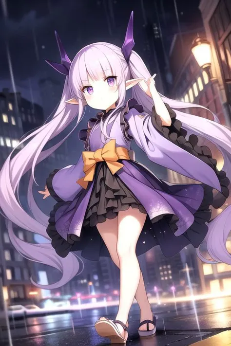 City, night, walking, wind, rain, wide sleeves, purple dress, purple orange eyes, pointy ears, black skirt