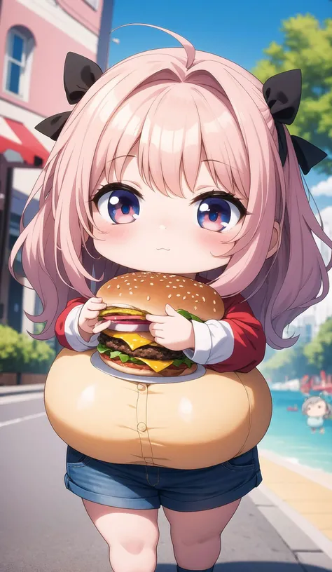 masterpiece, best quality, highly detailed, 1girl, (chibi,fat:1.4),burger in hand,