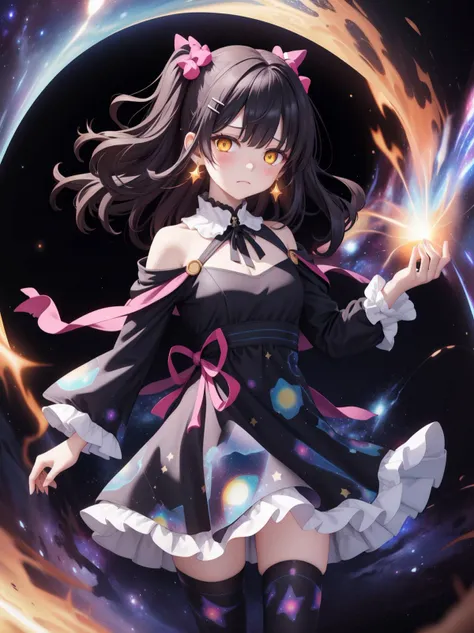 (Holding blackHole vortex in arm:1.4), (Nebula print on dress:1.4), Earrings, half closed eyes, (sad:1.2), (Frilled:1.3), open shoulders, (long galaxy sleeves), (ribbons:1.5), (hairpins:1.3), Circle galaxy skirt, purple hair, galaxy hair ornament, long hai...