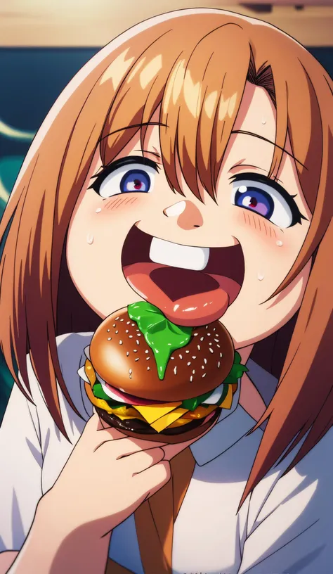 masterpiece, best quality, highly detailed, 1girl, (chibi,fat:1.4),burger in hand, eating burger, saliva,
  <lora:cringe_face:0.55>, cringe_face, wrinkled, (laughing:1.5),