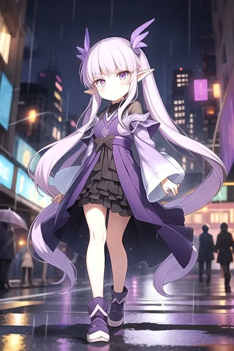 City, night, walking, wind, rain, wide sleeves, purple dress, purple orange eyes, pointy ears, black skirt