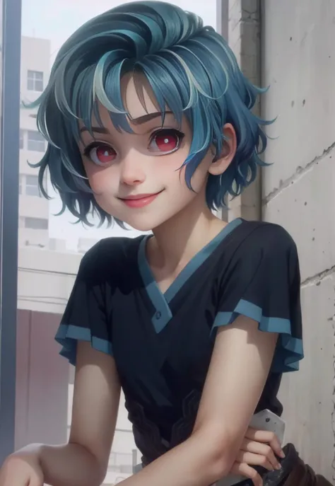 (masterpiece, top quality, best quality, official art, beautiful and aesthetic:1.4, photorealistic:1,4, ), cute:1, 
 <lora:Kohina:1>, short hair, evil smile,  crazy, blue hair, red eyes, nighttime, 
shaded face,  <lora:shaded_face2_pruned_0:0.8>,  <lora:sq...