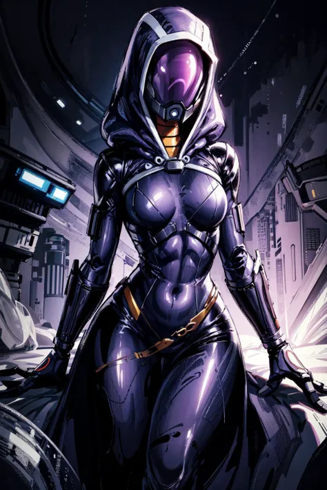 thick outlines, comics, photorealistic, perfect hands, masterpiece:1.2, spaceship inside, 1 girl, solo, <lora:tali:0.8>, hood, purple bodysuit, mask, (helmet, faceless), hood up, alien, small breast, wide hips, detailed background, detailed face, detailed ...