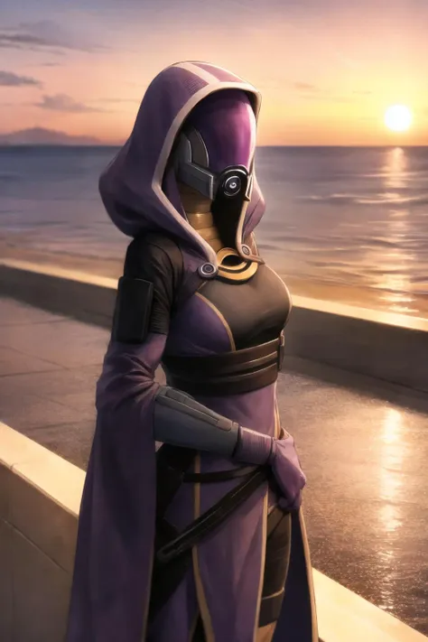 a woman in a purple outfit standing on a beach next to the ocean