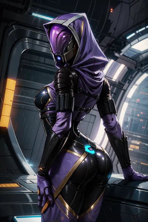 tali, 1girl, solo, hood, purple bodysuit, mask, (helmet, faceless), hood up, alien, backside <lora:tali:1>