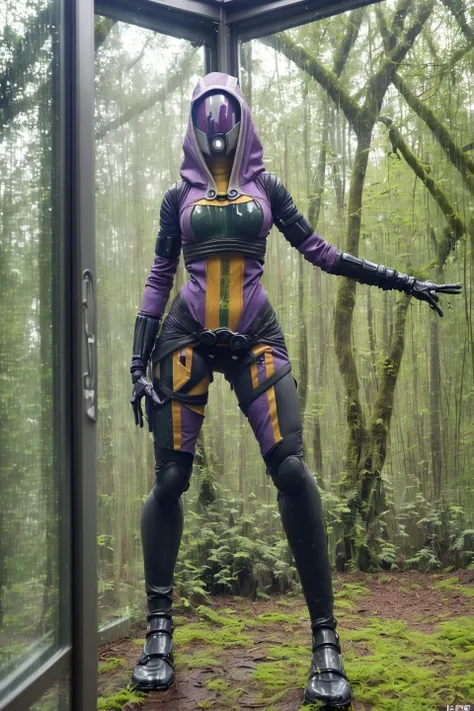 photo of female tali in the forest, (skinny:1.3), sexy, very tall, rain, wet fabric, hood, purple bodysuit, (reflective mask:1.1), (glass mask:1.3), (helmet, faceless), hood up, alien, inside, bent over, (leaning forward), facing viewer, wide hips, (poor q...