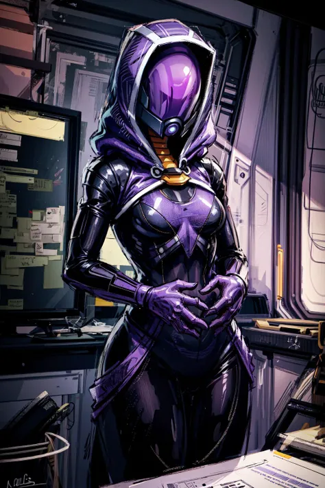 thick outlines, comics, photorealistic, perfect hands, masterpiece:1.2, spaceship inside, 1 girl, solo, <lora:tali:0.8>, hood, purple bodysuit, mask, (helmet, faceless), hood up, alien, small breast, detailed background, detailed face, detailed eyes, <lora...