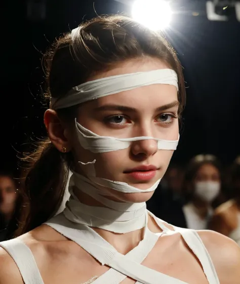 a model wears a bandaged headband at the fashion show