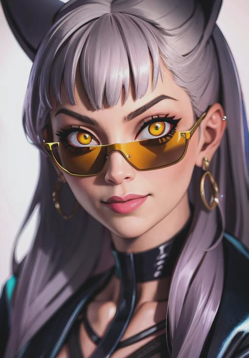 <lora:kda_evelynn:0.8>,kda_evelynn, smirk, portrait, yellow eyes, glowing eyes, slit pupils, sunglasses