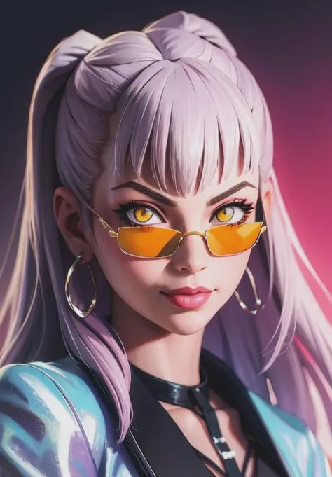 <lora:kda_evelynn:0.8>,kda_evelynn, smirk, portrait, yellow eyes, glowing eyes, slit pupils, sunglasses