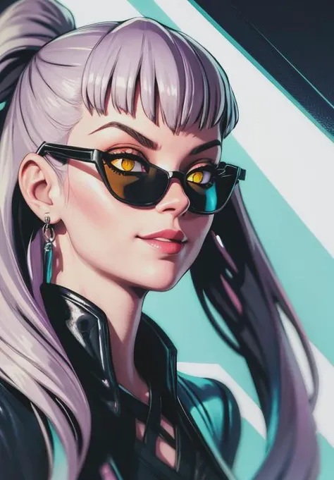 <lora:kda_evelynn:0.8>,kda_evelynn, smirk, portrait, yellow eyes, glowing eyes, slit pupils, sunglasses