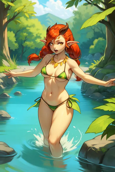 enchrnd, solo, red hair, leaf bikini, necklace, long hair, jewelry, pointy ears, yellow fairies, humanoid, dynamic,  bathing, river, nature <lora:DotA_Enchantress-DEF:0.8>