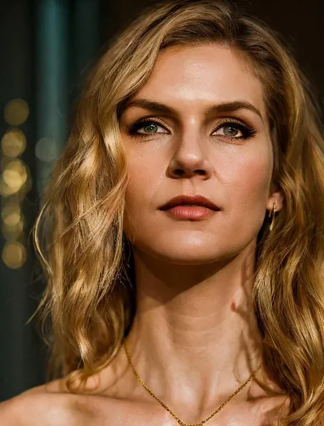 a woman 45yo, blonde, long wave hair, red and gold, lustful, cyberpunk   <lyco:Rhea Seehorn:0.8>, Photorealistic, Hyperrealistic, Hyperdetailed, analog style, hip cocked, demure, low cut, black lace, detailed skin, matte skin, soft lighting, subsurface sca...