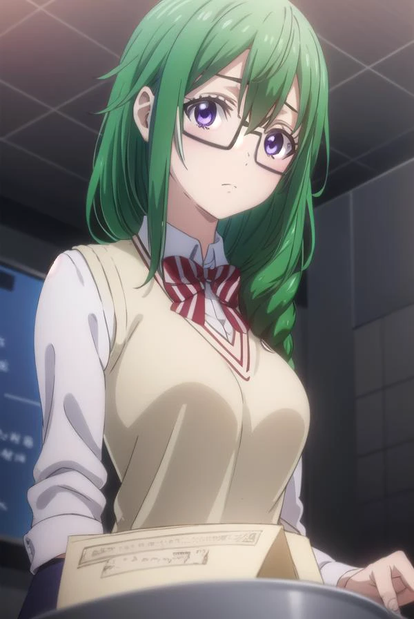 meikoootsuka, <lora:meiko ootsuka s1-lora-nochekaiser:1>,
meiko ootsuka, long hair, (purple eyes:1.1), green hair, glasses, black-framed eyewear, hair over shoulder, braid, single braid,
BREAK skirt, shirt, bow, school uniform, white shirt, short sleeves, ...